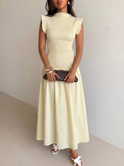 Aloruh Pale Yellow Sleeveless Mandarin Collar Fitted Dress Tea Party Summer,Wedding Guest Gowns
