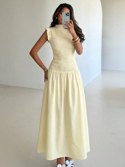 Aloruh Pale Yellow Sleeveless Mandarin Collar Fitted Dress Tea Party Summer,Wedding Guest Gowns