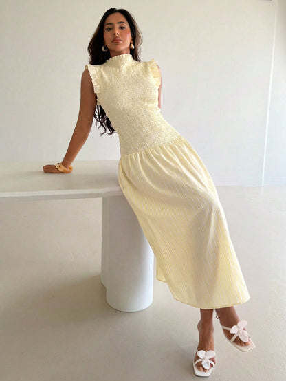 Aloruh Pale Yellow Sleeveless Mandarin Collar Fitted Dress Tea Party Summer,Wedding Guest Gowns