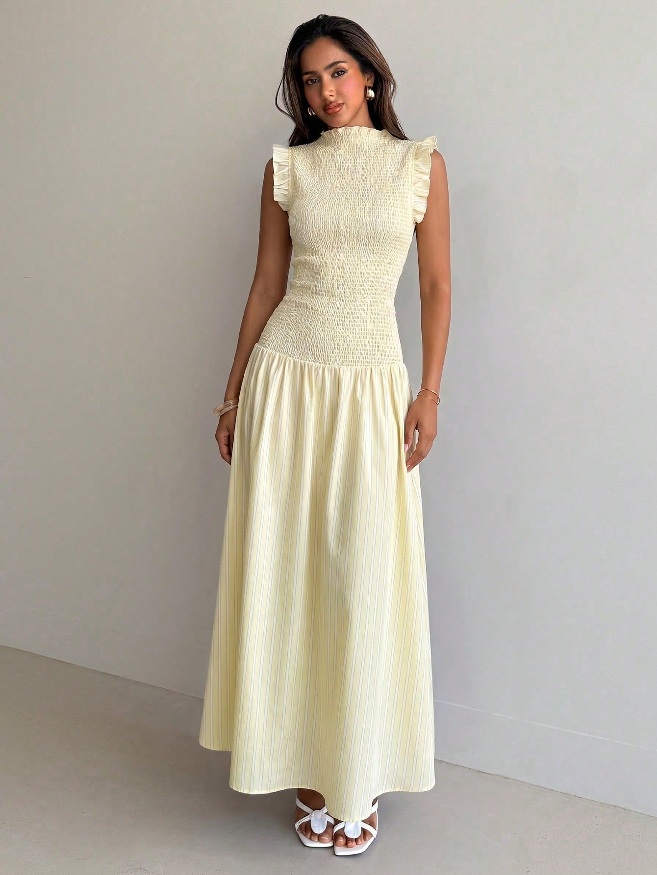Aloruh Pale Yellow Sleeveless Mandarin Collar Fitted Dress Tea Party Summer,Wedding Guest Gowns