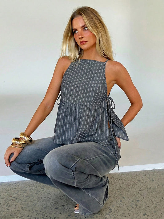 Aloruh Palsi Tie Side Sleeveless Top In White And Yellow,Summer Top