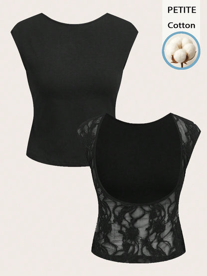 Aloruh Petite Sexy Style 95% Cotton Lace Patchwork Short Sleeve T-Shirt, Backless Crop Top, Suitable For Spring/Summer, Party, Beach,Summer Top