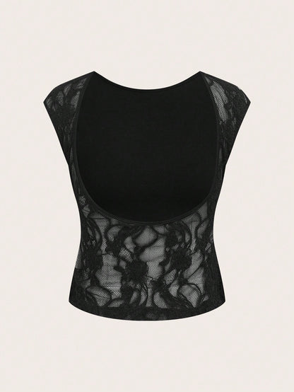 Aloruh Petite Sexy Style 95% Cotton Lace Patchwork Short Sleeve T-Shirt, Backless Crop Top, Suitable For Spring/Summer, Party, Beach,Summer Top