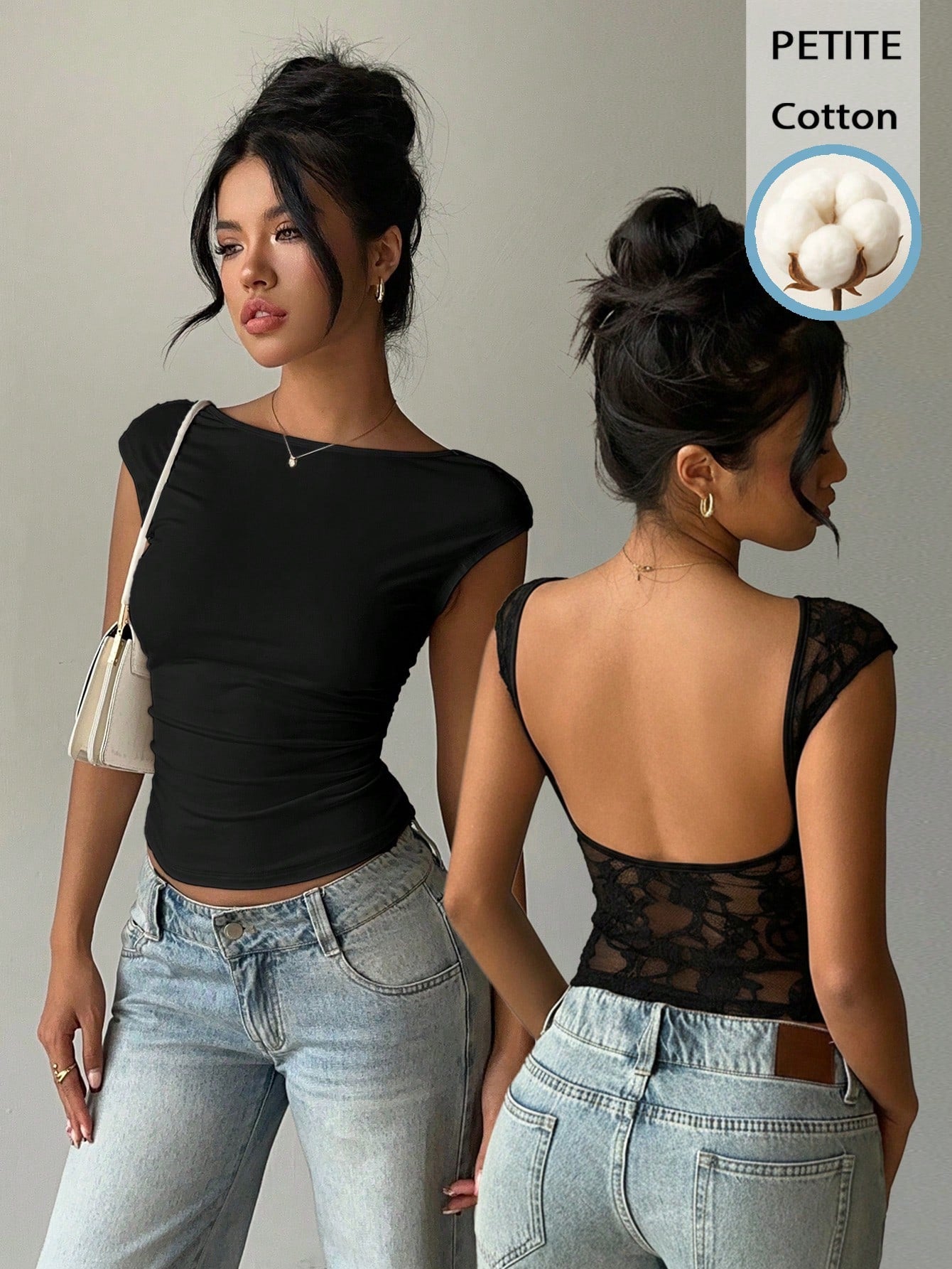 Aloruh Petite Sexy Style 95% Cotton Lace Patchwork Short Sleeve T-Shirt, Backless Crop Top, Suitable For Spring/Summer, Party, Beach,Summer Top