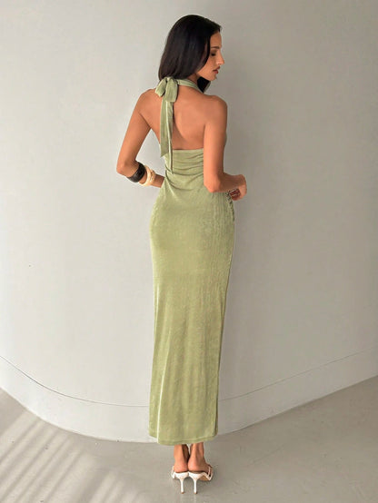 Aloruh Sage Green Summer Elegant Beach Vacation Holiday Dress,Women's Plunging Neckline V-Neck Long Boho Tropical Outfits With Metal Buckle Decoration