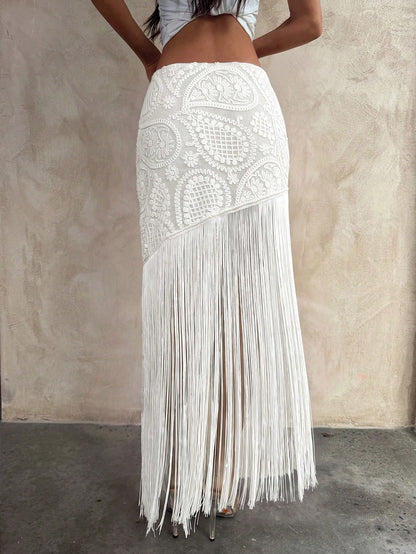 Aloruh Vacation Beach Holiday Vacation Tassel Patchwork Skirt White Summer