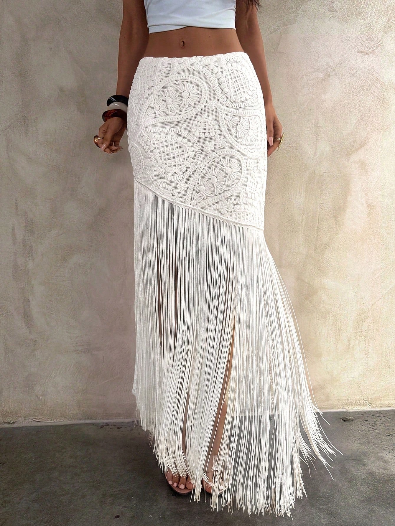 Aloruh Vacation Beach Holiday Vacation Tassel Patchwork Skirt White Summer