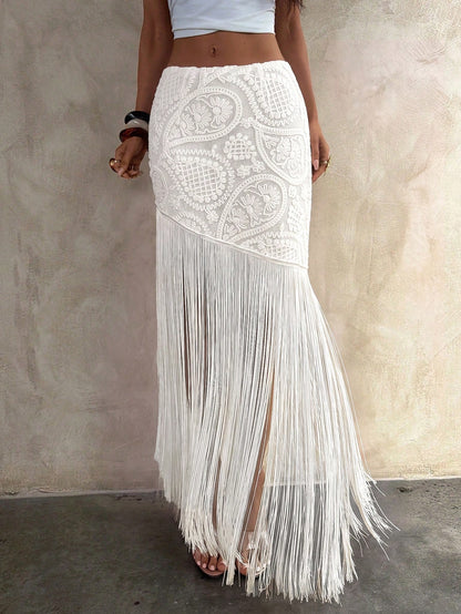Aloruh Vacation Beach Holiday Vacation Tassel Patchwork Skirt White Summer