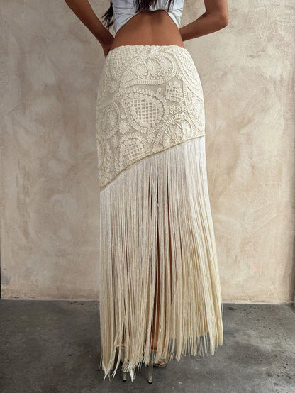 Aloruh Vacation Beach Holiday Vacation Tassel Patchwork Skirt White Summer