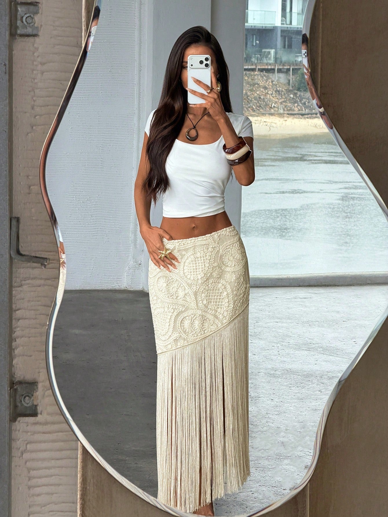 Aloruh Vacation Beach Holiday Vacation Tassel Patchwork Skirt White Summer
