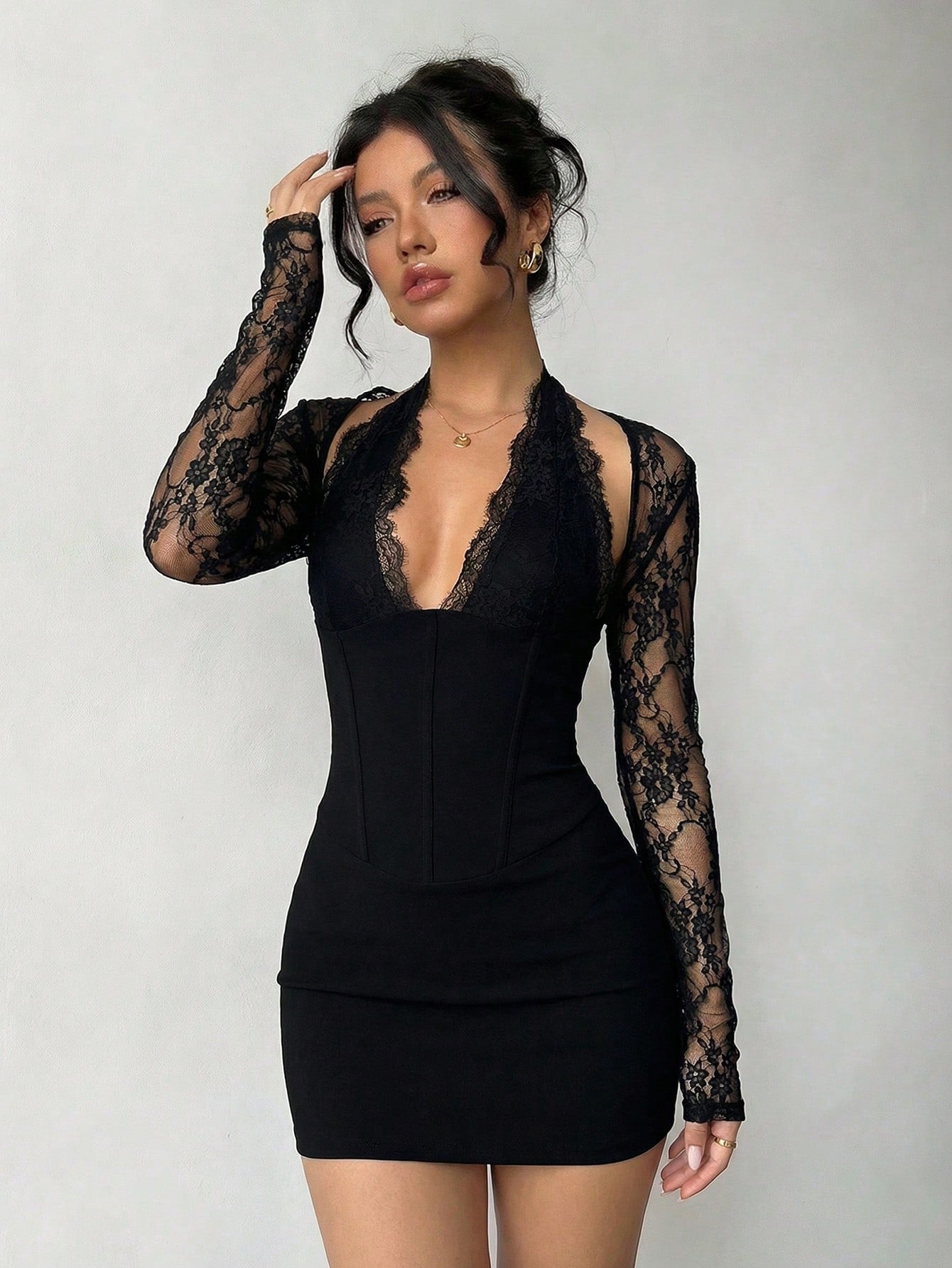 Aloruh Women's Black Autumn Elegant Sexy Seductive Night Club Night Out Mini Dress,New Spring Valentine's Day Lace Patchwork Bodycon Hollow Fishbone Party