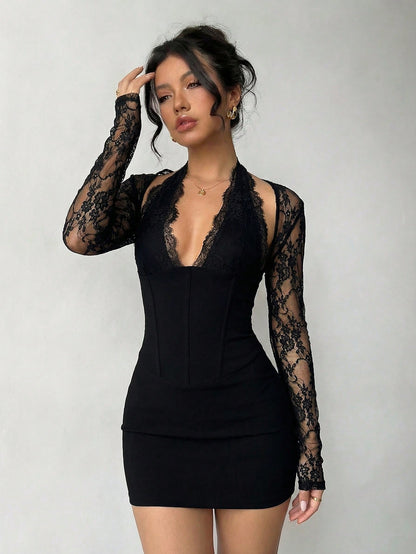 Aloruh Women's Black Autumn Elegant Sexy Seductive Night Club Night Out Mini Dress,New Spring Valentine's Day Lace Patchwork Bodycon Hollow Fishbone Party