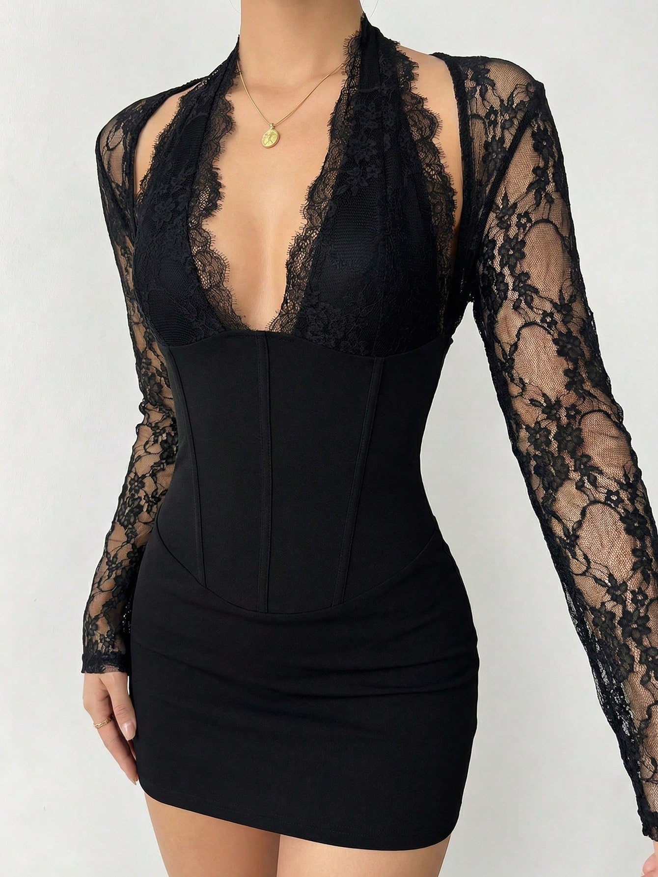 Aloruh Women's Black Autumn Elegant Sexy Seductive Night Club Night Out Mini Dress,New Spring Valentine's Day Lace Patchwork Bodycon Hollow Fishbone Party
