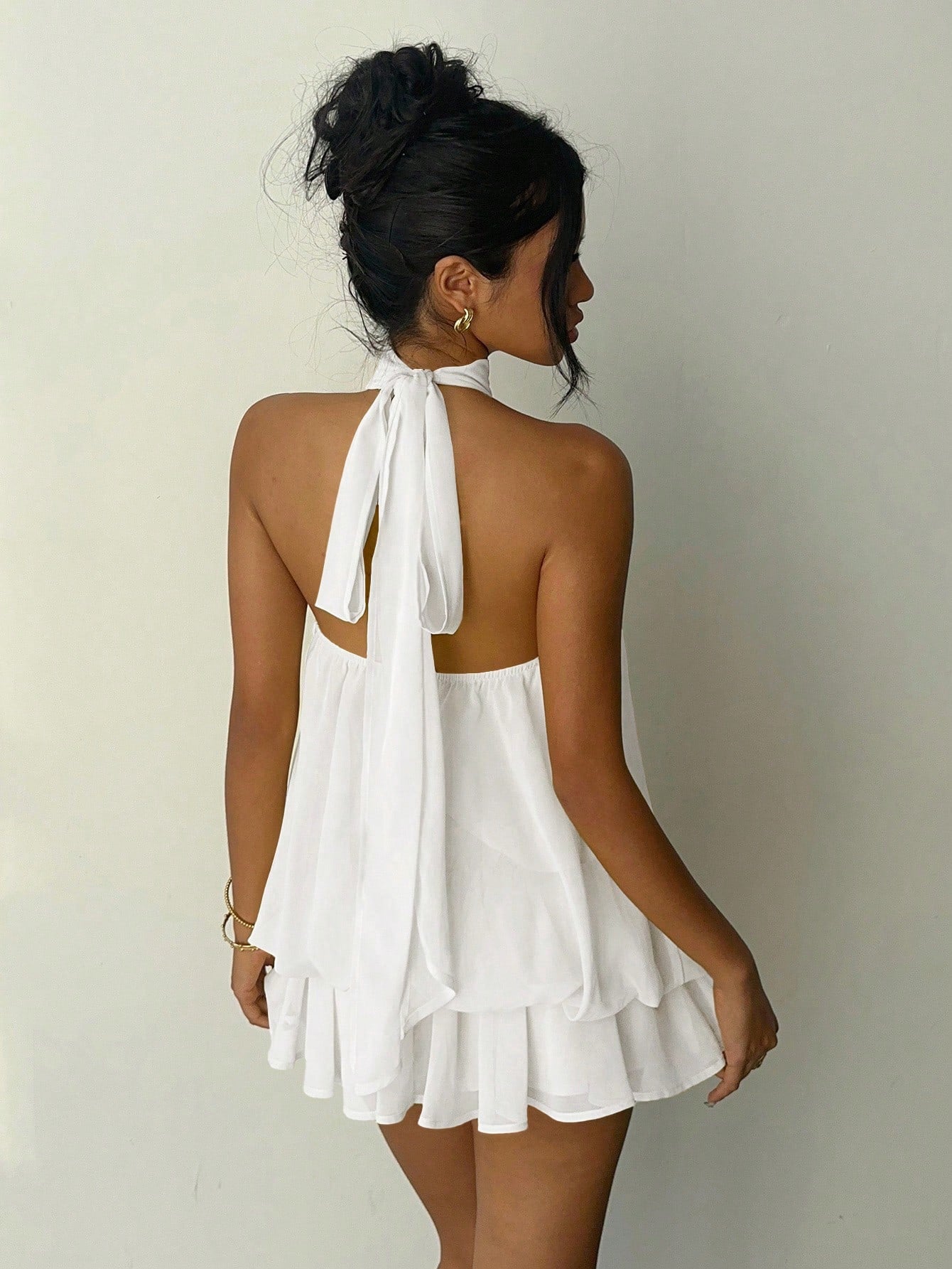 Aloruh Women's Elegant Light Yellow Halter Tie Mini Dress,White Dresses For Women