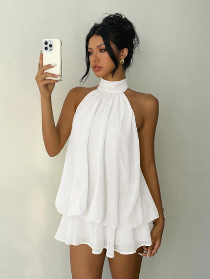 Aloruh Women's Elegant Light Yellow Halter Tie Mini Dress,White Dresses For Women