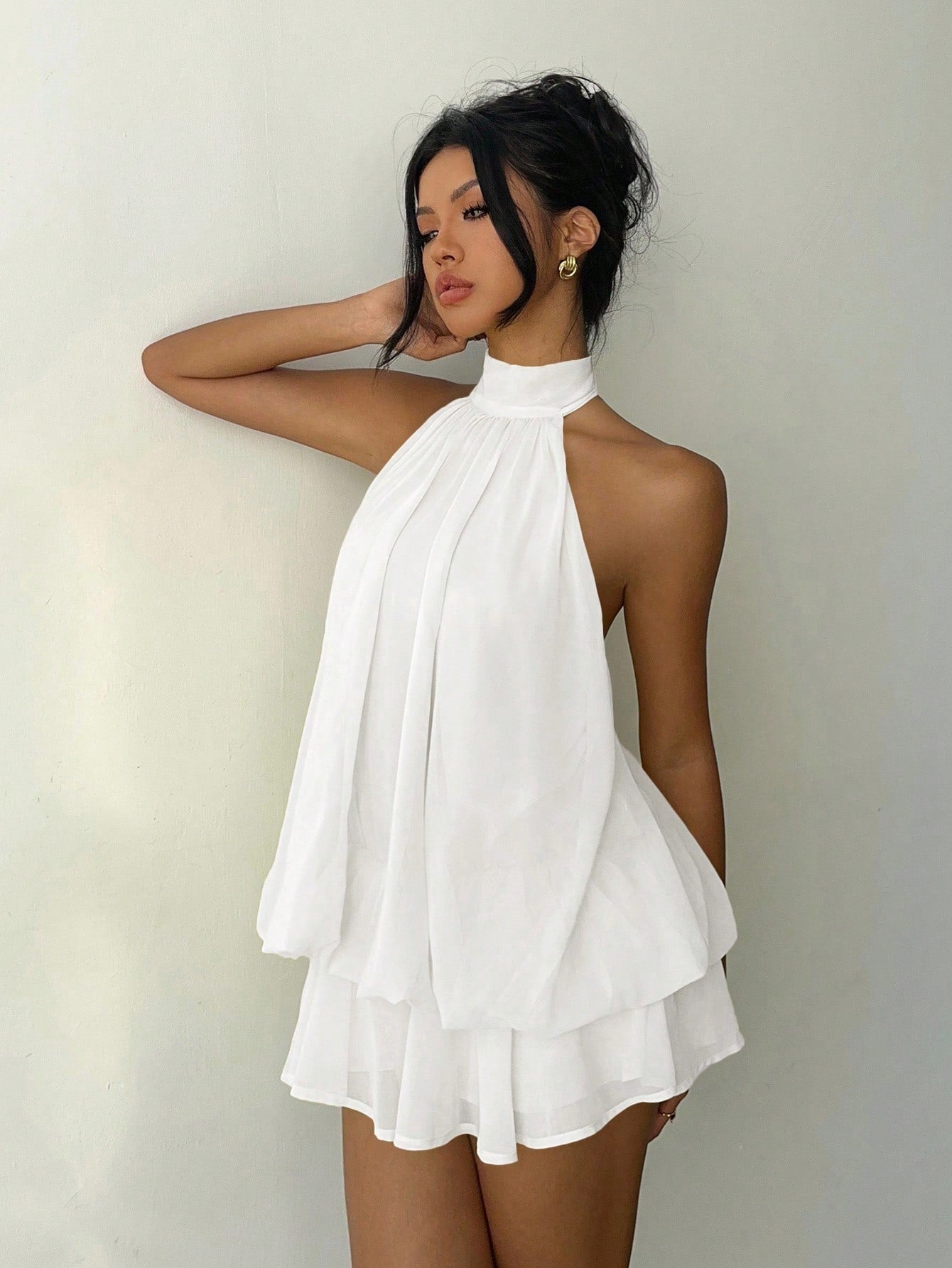 Aloruh Women's Elegant Light Yellow Halter Tie Mini Dress,White Dresses For Women