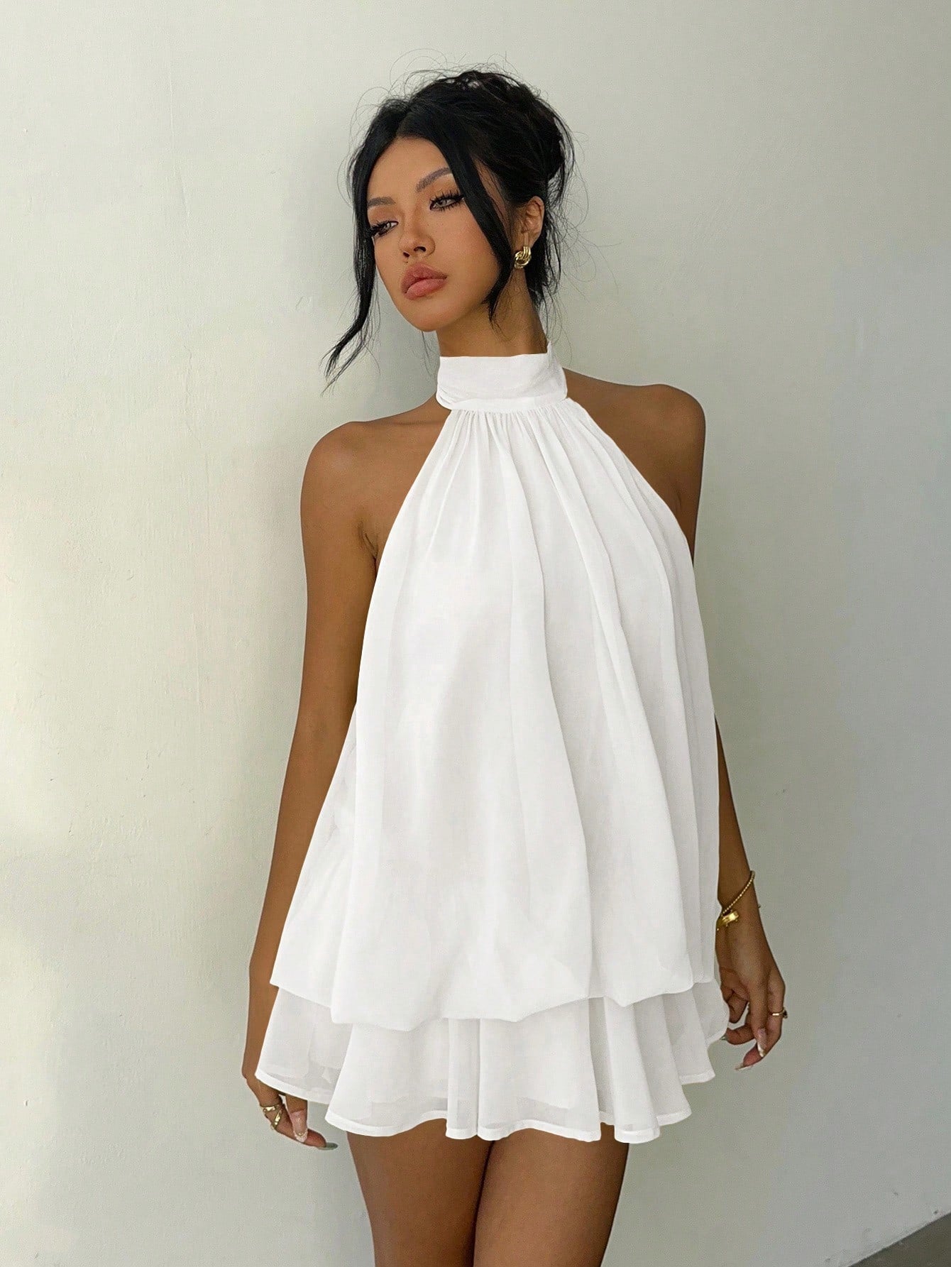 Aloruh Women's Elegant Light Yellow Halter Tie Mini Dress,White Dresses For Women