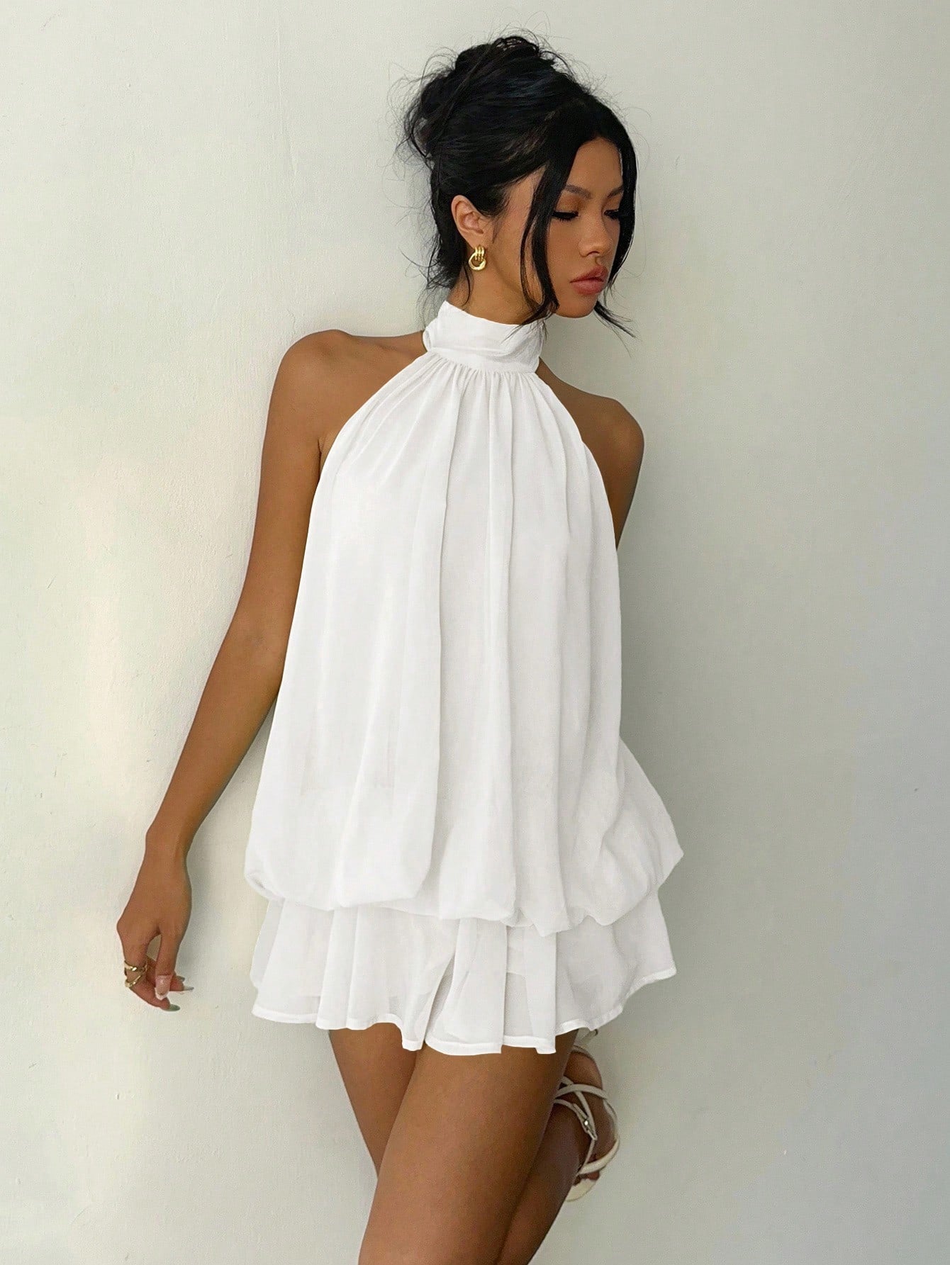 Aloruh Women's Elegant Light Yellow Halter Tie Mini Dress,White Dresses For Women