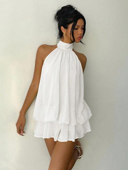 Aloruh Women's Elegant Light Yellow Halter Tie Mini Dress,White Dresses For Women