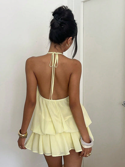 Aloruh Women's Elegant Pale Yellow Halter Tie Mini Dress, Suitable For Dates Vacation And Vacations Summer,Graduation,Birthday Dress