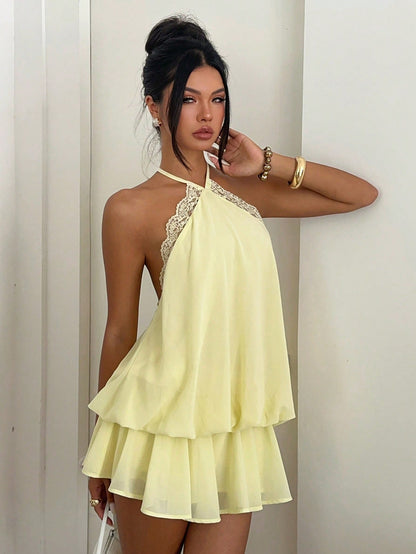 Aloruh Women's Elegant Pale Yellow Halter Tie Mini Dress, Suitable For Dates Vacation And Vacations Summer,Graduation,Birthday Dress