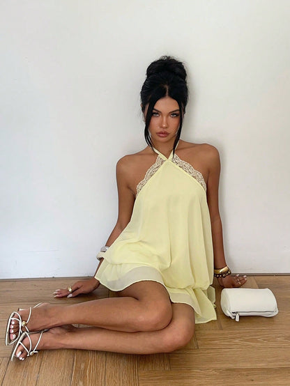 Aloruh Women's Elegant Pale Yellow Halter Tie Mini Dress, Suitable For Dates Vacation And Vacations Summer,Graduation,Birthday Dress