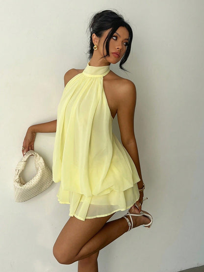 Aloruh Women's Elegant Pale Yellow Halter Tie Mini Dress, Suitable For Dates Vacation And Vacations Summer,Graduation,Birthday Dress