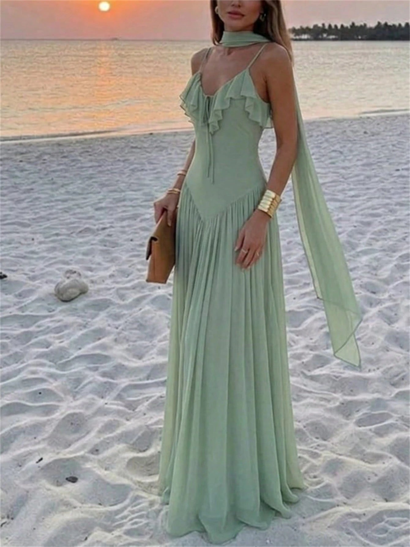 Aloruh Women's Elegant Ruffle Collar Fitted Waist Sage Green Maxi Dress,Summer Tropical Holiday Vacation,Spring Birthday Wedding Guest Party Beach Dresses