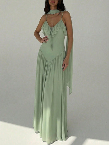Aloruh Women's Elegant Ruffle Collar Fitted Waist Sage Green Maxi Dress,Summer Tropical Holiday Vacation,Spring Birthday Wedding Guest Party Beach Dresses