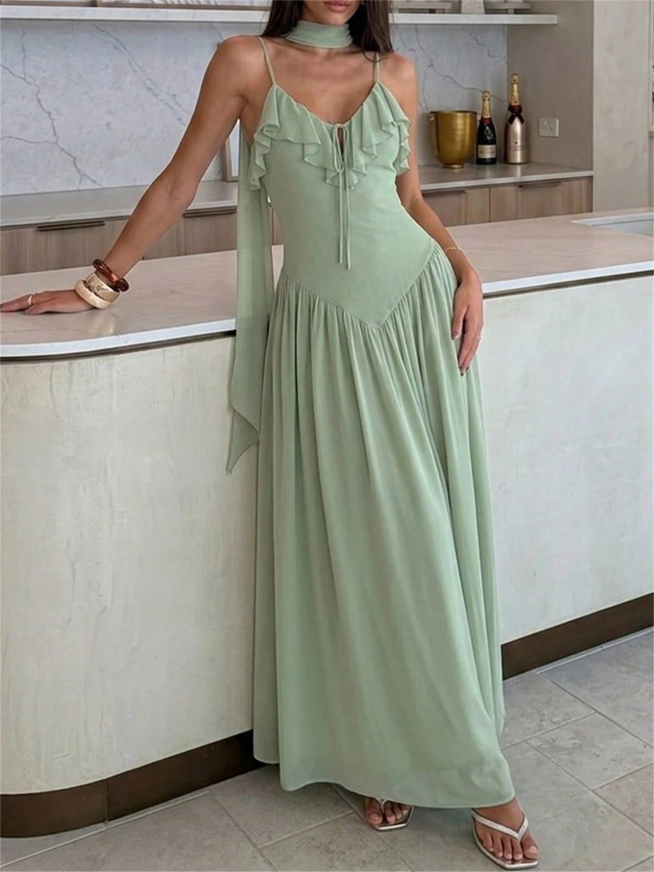 Aloruh Women's Elegant Ruffle Collar Fitted Waist Sage Green Maxi Dress,Summer Tropical Holiday Vacation,Spring Birthday Wedding Guest Party Beach Dresses