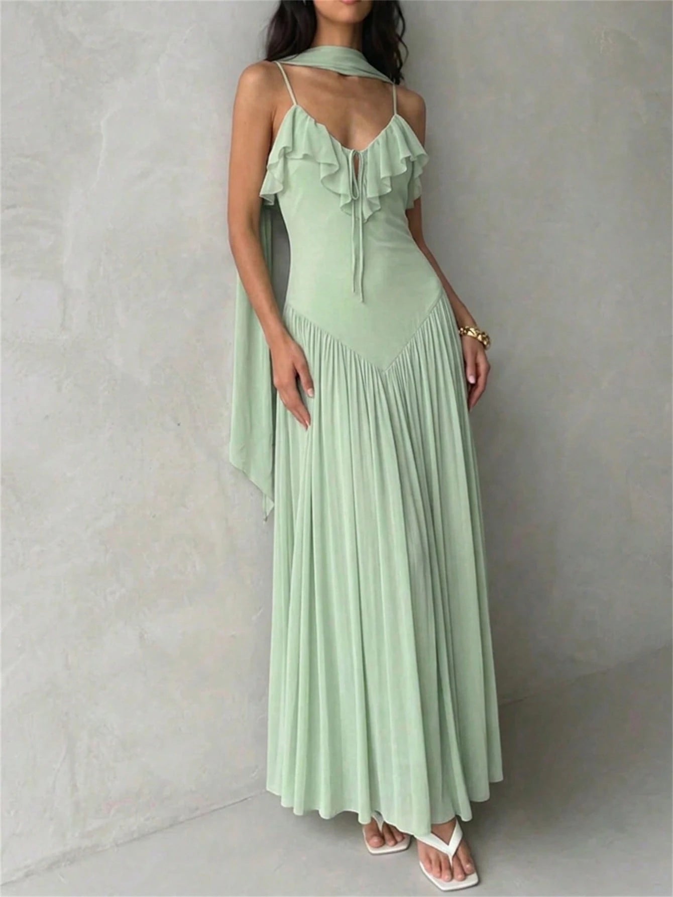 Aloruh Women's Elegant Ruffle Collar Fitted Waist Sage Green Maxi Dress,Summer Tropical Holiday Vacation,Spring Birthday Wedding Guest Party Beach Dresses