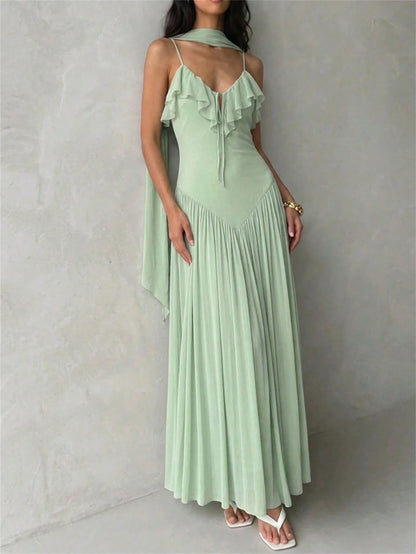 Aloruh Women's Elegant Ruffle Collar Fitted Waist Sage Green Maxi Dress,Summer Tropical Holiday Vacation,Spring Birthday Wedding Guest Party Beach Dresses
