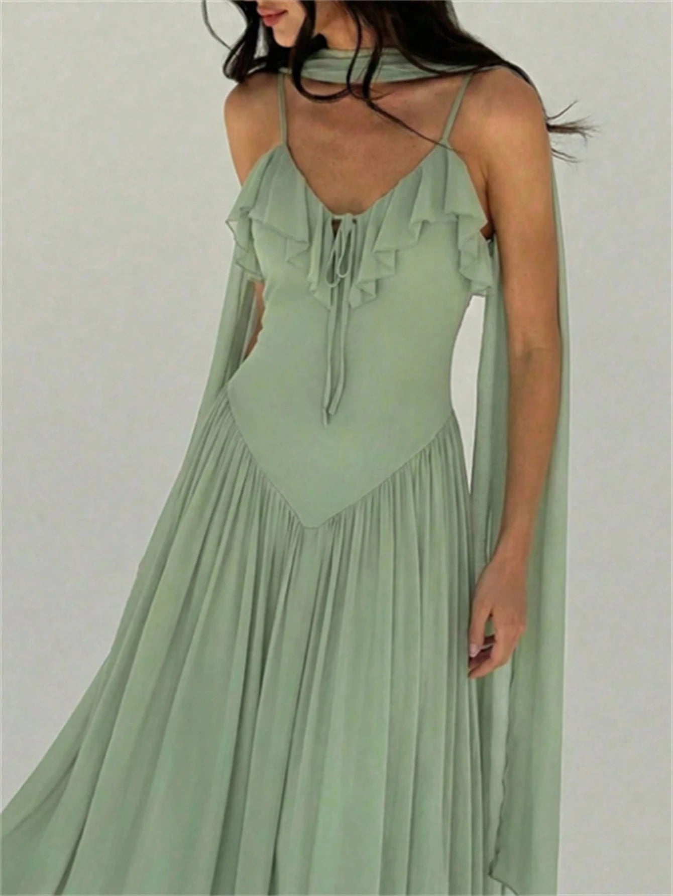 Aloruh Women's Elegant Ruffle Collar Fitted Waist Sage Green Maxi Dress,Summer Tropical Holiday Vacation,Spring Birthday Wedding Guest Party Beach Dresses
