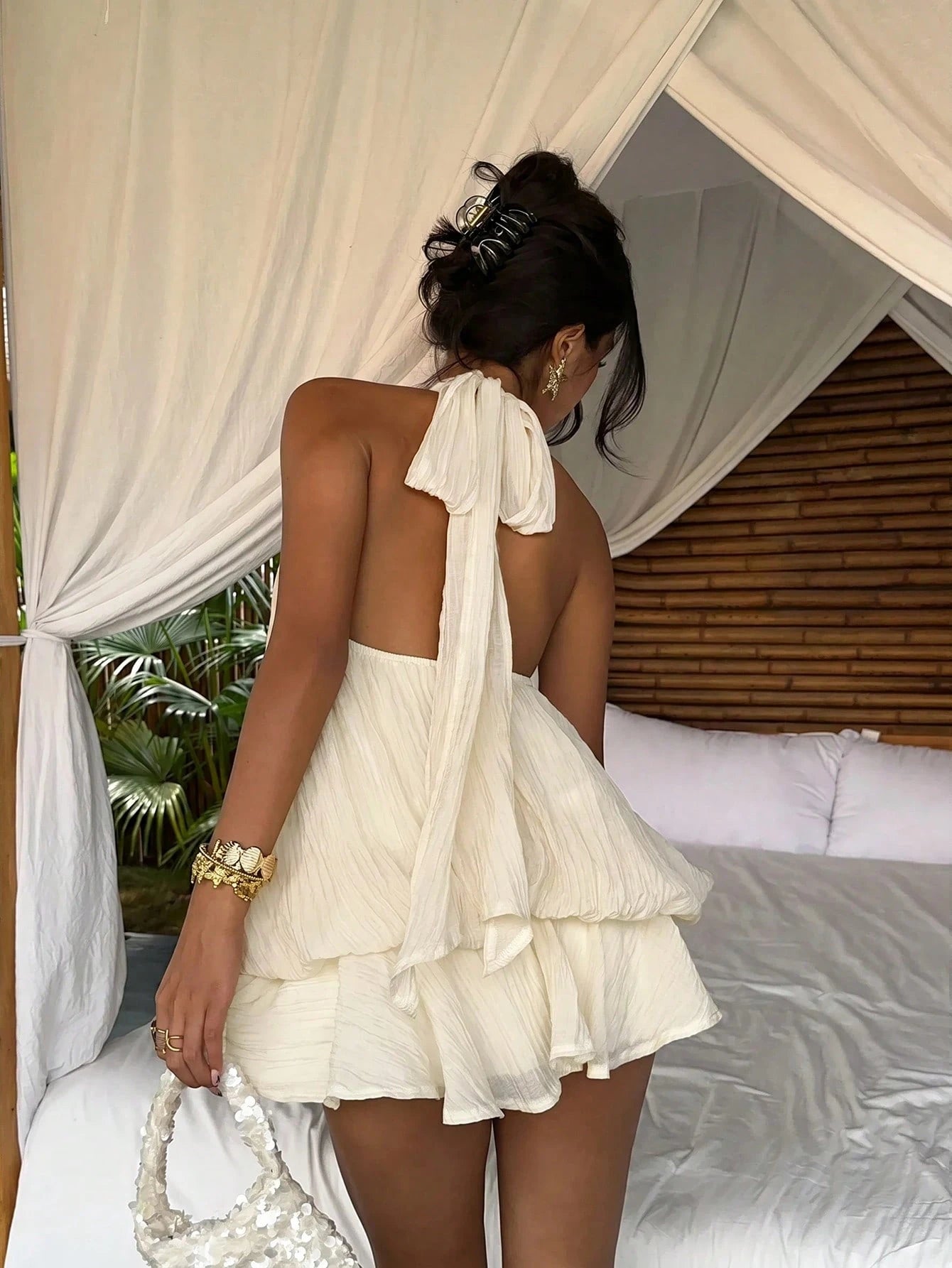 Aloruh Women's Elegant Sexy Tropical White Halter Neck Tie Mini Dress Vacation Summer