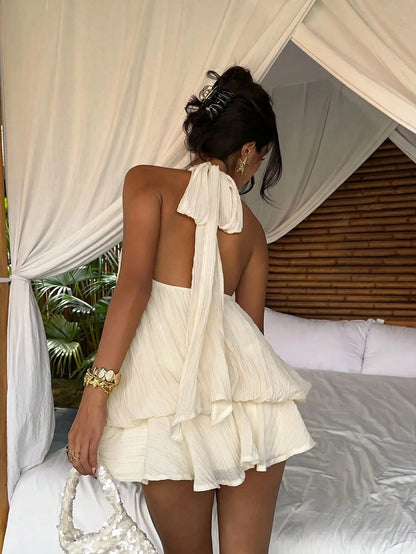 Aloruh Women's Elegant Sexy Tropical White Halter Neck Tie Mini Dress Vacation Summer