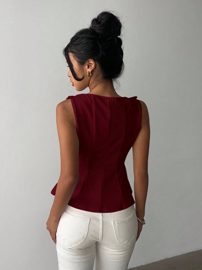 Aloruh Women's Elegant Sleeveless Blouse For Commuting, Minimalist Design Wine Red Top