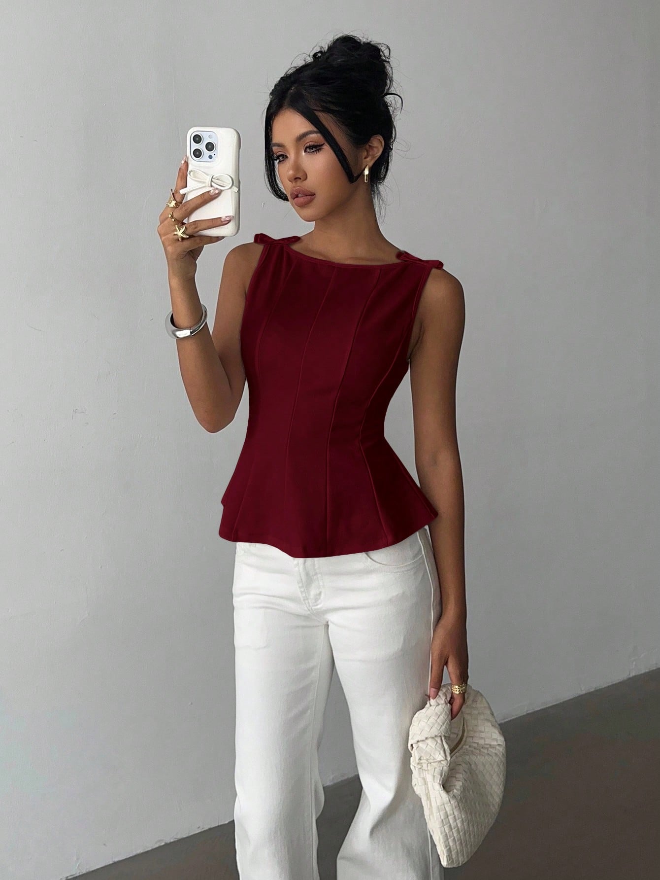 Aloruh Women's Elegant Sleeveless Blouse For Commuting, Minimalist Design Wine Red Top