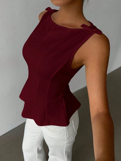 Aloruh Women's Elegant Sleeveless Blouse For Commuting, Minimalist Design Wine Red Top