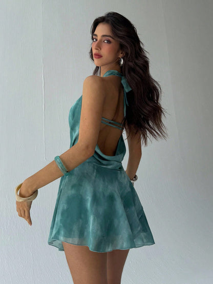 Aloruh Women's Light Green 70s Retro Elegant Drap Neck Tie Dye Printed Backless Mini Dress,Summer Vacation Party Club Outfits,Wedding Guest Sun Dresses
