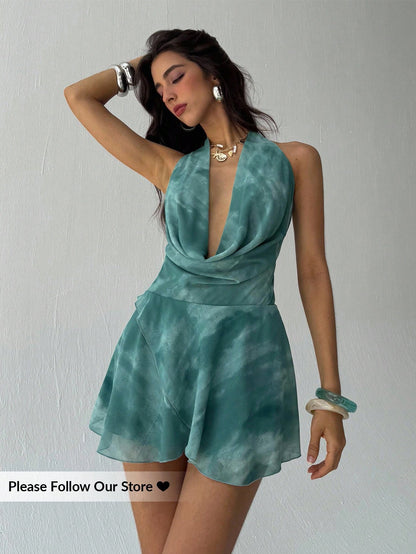 Aloruh Women's Light Green 70s Retro Elegant Drap Neck Tie Dye Printed Backless Mini Dress,Summer Vacation Party Club Outfits,Wedding Guest Sun Dresses