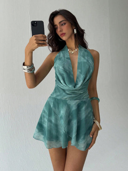 Aloruh Women's Light Green 70s Retro Elegant Drap Neck Tie Dye Printed Backless Mini Dress,Summer Vacation Party Club Outfits,Wedding Guest Sun Dresses