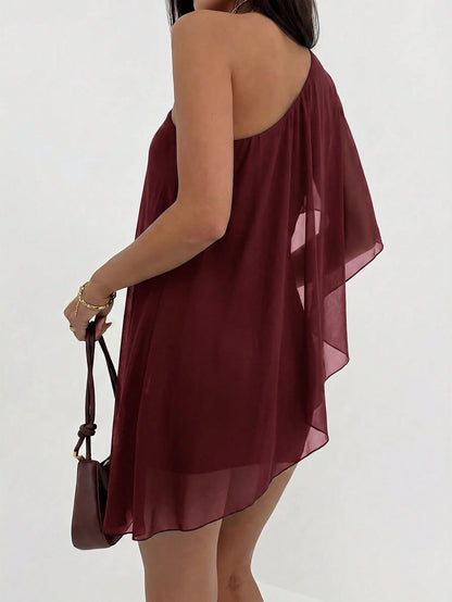 Aloruh Women's Solid Color Patchwork Ruffle One-Shoulder Mini Vacation Dress