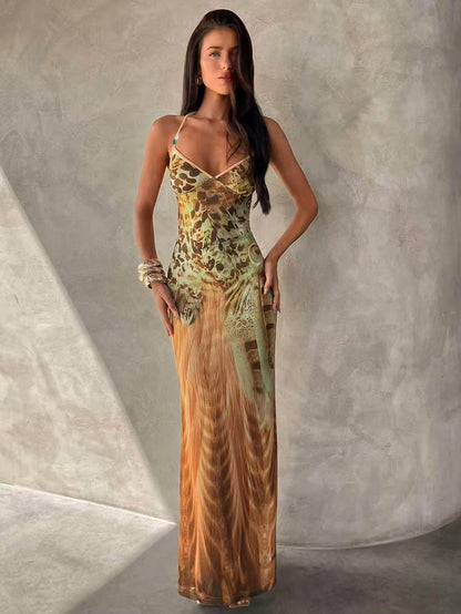 Aloruh Women's Spaghetti Strap Beaded Decor Leopard Print Fitted Dress,Summer Dresses For Women