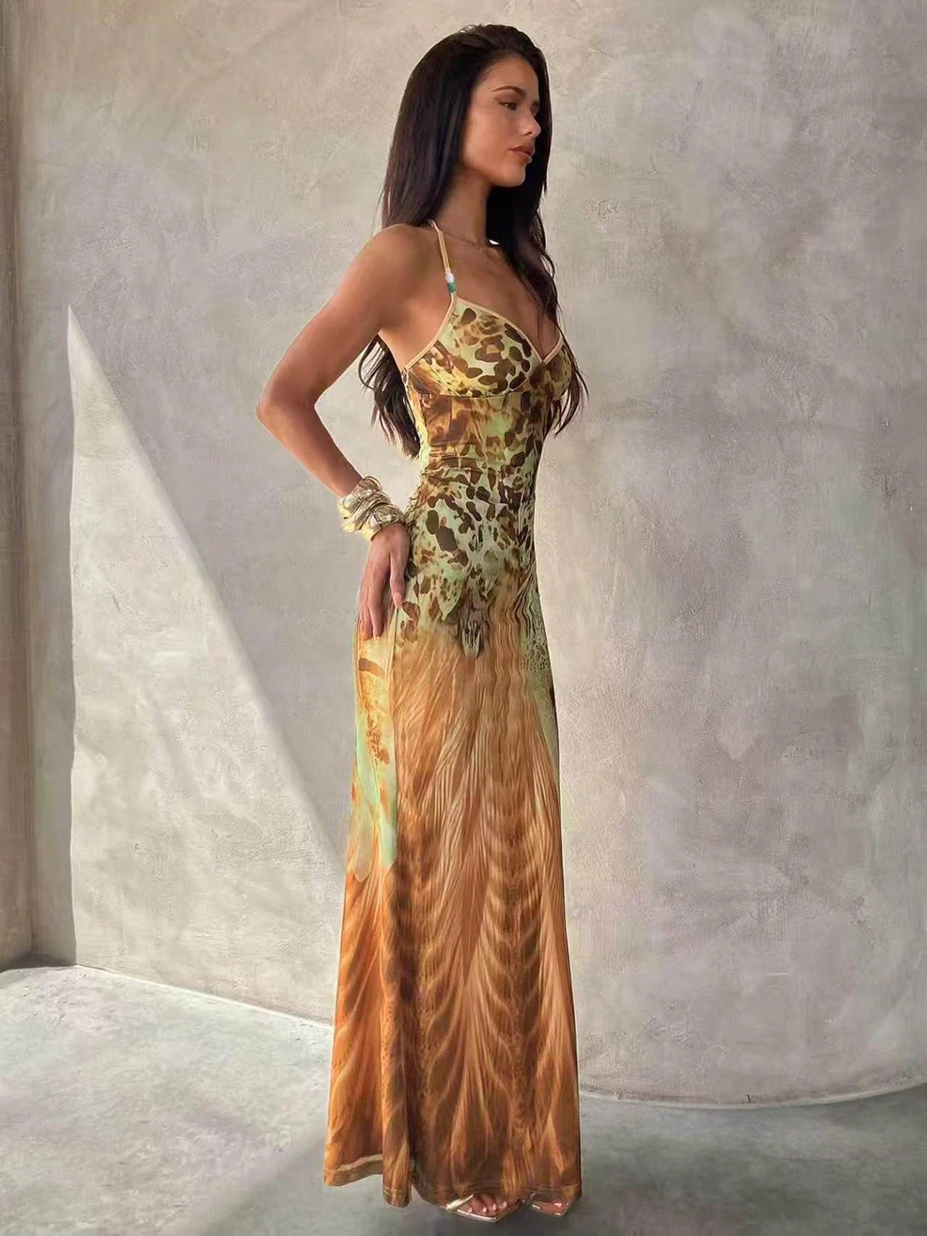 Aloruh Women's Spaghetti Strap Beaded Decor Leopard Print Fitted Dress,Summer Dresses For Women