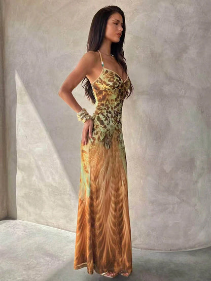 Aloruh Women's Spaghetti Strap Beaded Decor Leopard Print Fitted Dress,Summer Dresses For Women
