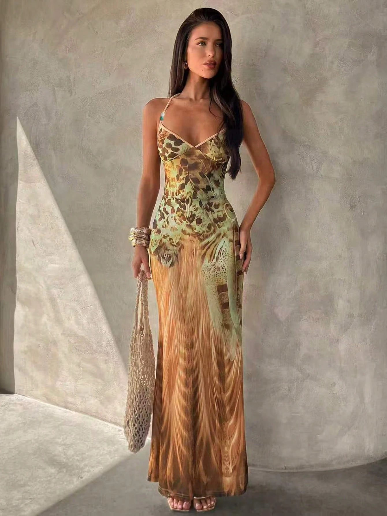Aloruh Women's Spaghetti Strap Beaded Decor Leopard Print Fitted Dress,Summer Dresses For Women