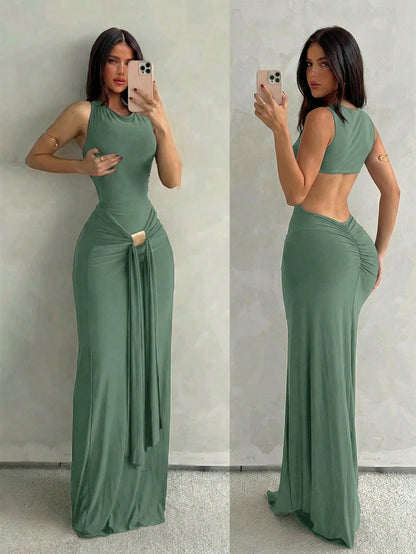 Aloruh Women's Spring/Summer Vacation New Sage Green Sleeveless Bodycon Fishtail Dress, Suitable For Street Wear, Daily Night Out, Commuting Sexy