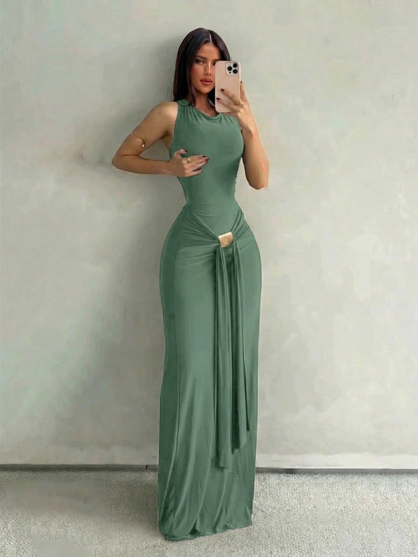 Aloruh Women's Spring/Summer Vacation New Sage Green Sleeveless Bodycon Fishtail Dress, Suitable For Street Wear, Daily Night Out, Commuting Sexy