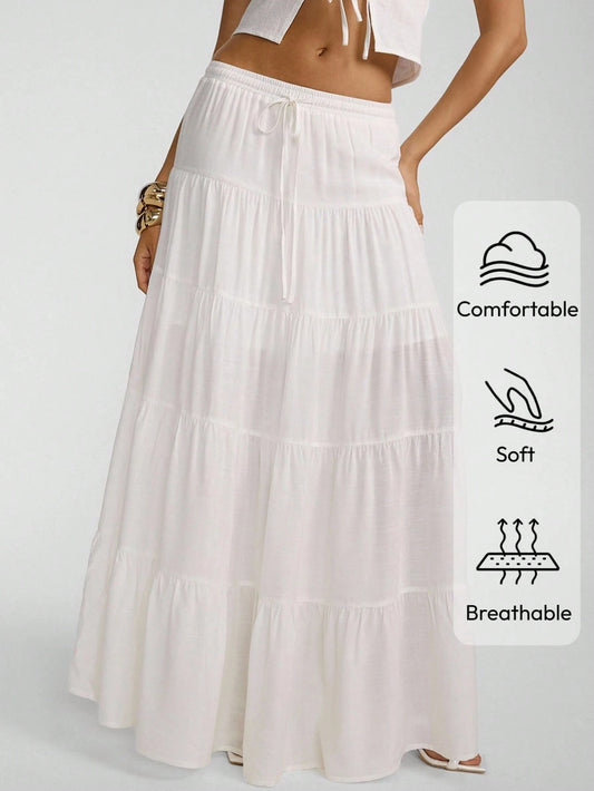 Aloruh Women's Summer Boho White Linen Maxi Skirt,Elegant Pleated A-Line Flare Long Skirt,Beach Picnic Vacation Holiday Outfits,Resort Wear,Casual Graduation