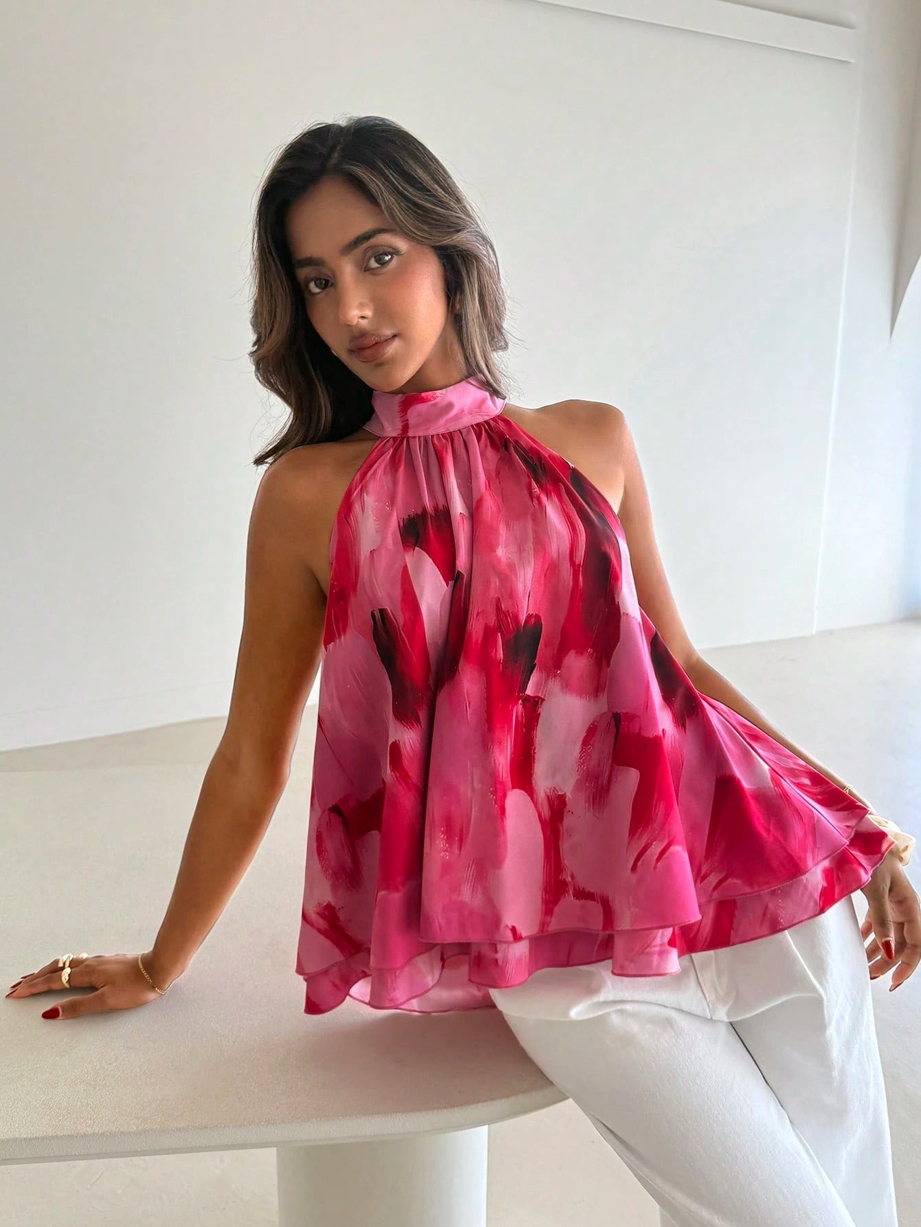 Aloruh Women's Summer Elegant Pink And Red Tropical Floral Print Halter Neck Ruched A-Line Chiffon Backless Tie Camisole Top,Perfect For Brunch And Vacations